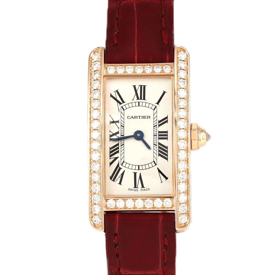 CARTIER TANK WATCH: Cartier Tank Watch Brand: CARTIER Type: Wrist watch Material: Case: Pink gold/rose gold Bracelet: Strap Color: Dial Color: Silver/Roman Band Color: Red Size: Case diameter: approx. 19x34.5mm 