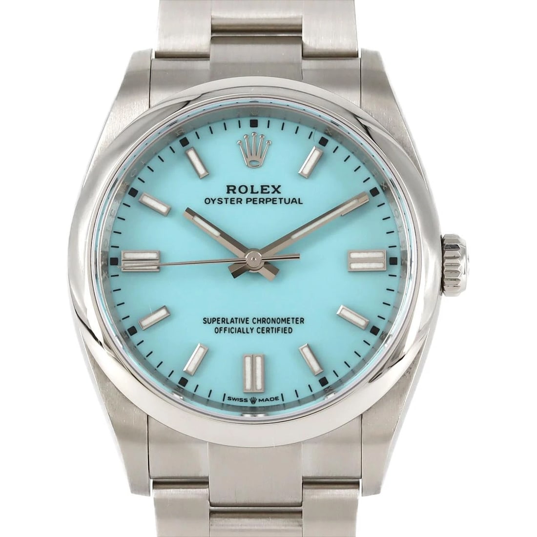 ROLEX OYSTER PERPETUAL SS WATCH: ROLEX Oyster Perpetual SS Watch Brand: ROLEX Type: Wristwatch Material: Case: SST Bracelet: SST Color: Dial Colors: turquoise blue Size: Case diameter: 36mm Max Wrist size: 18.5cm 