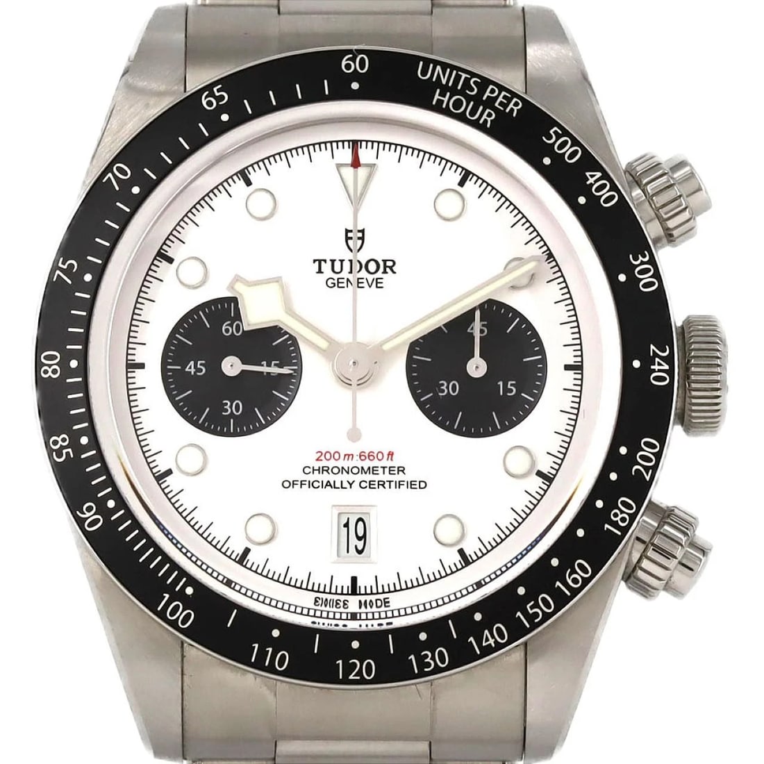 TUDOR BLACK CHRONO STAINLESS STEEL WATCH: Tudor Black Chrono Stainless Steel Watch Brand: Tudor Type: Wrist watch Material: Case: Stainless Steel Breath: Stainless Steel Color: Dial color: Silver, Black Size: Case diameter: Approx. 41