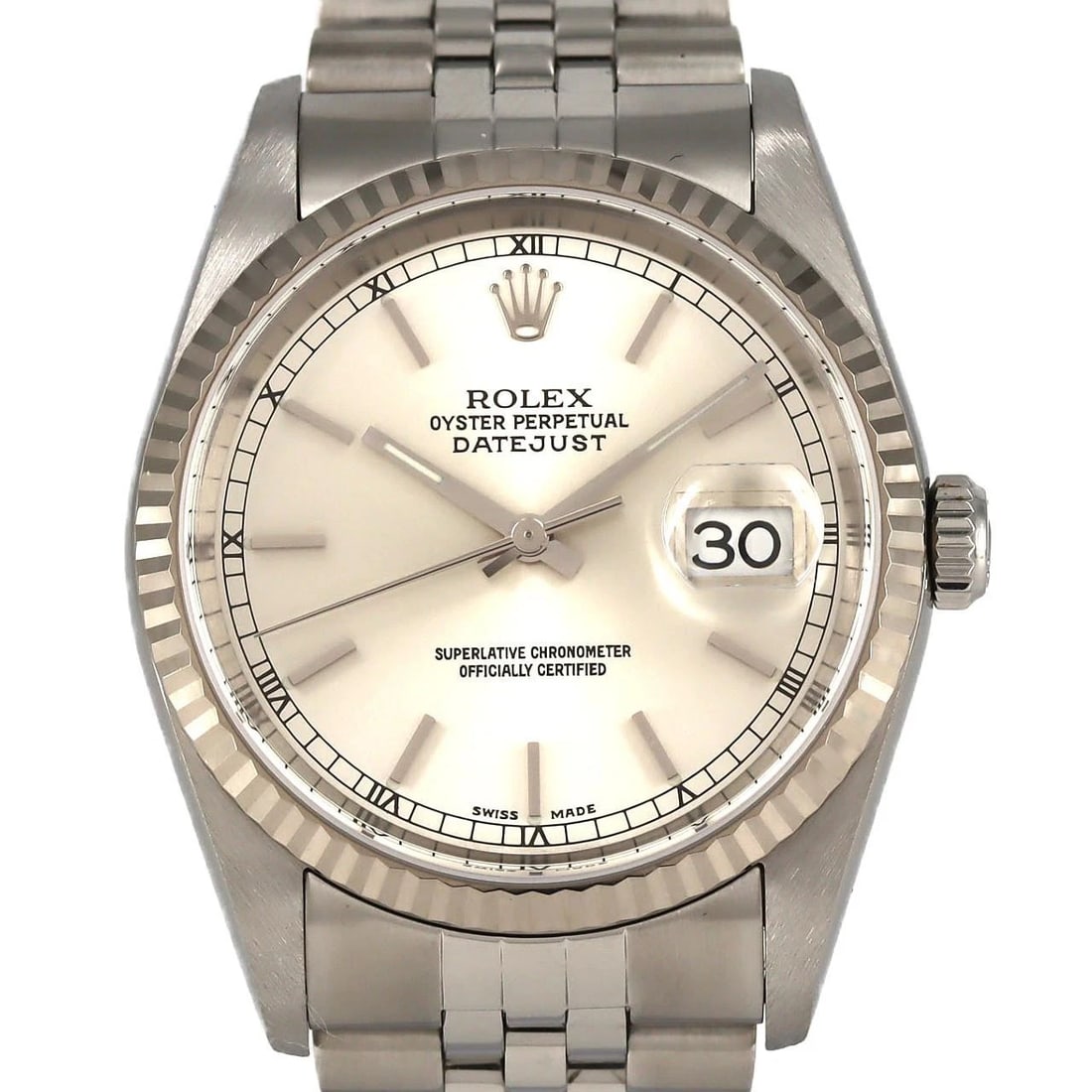 ROLEX DATEJUST SSXWG WATCH: Rolex Datejust SSxWG Watch Brand: ROLEX Type: Wrist watch Material: Case: Stainless steel x white gold Bracelet: Stainless steel Color: Dial Color: Silver Size: Case diameter: Approx. 36 mm Max wr