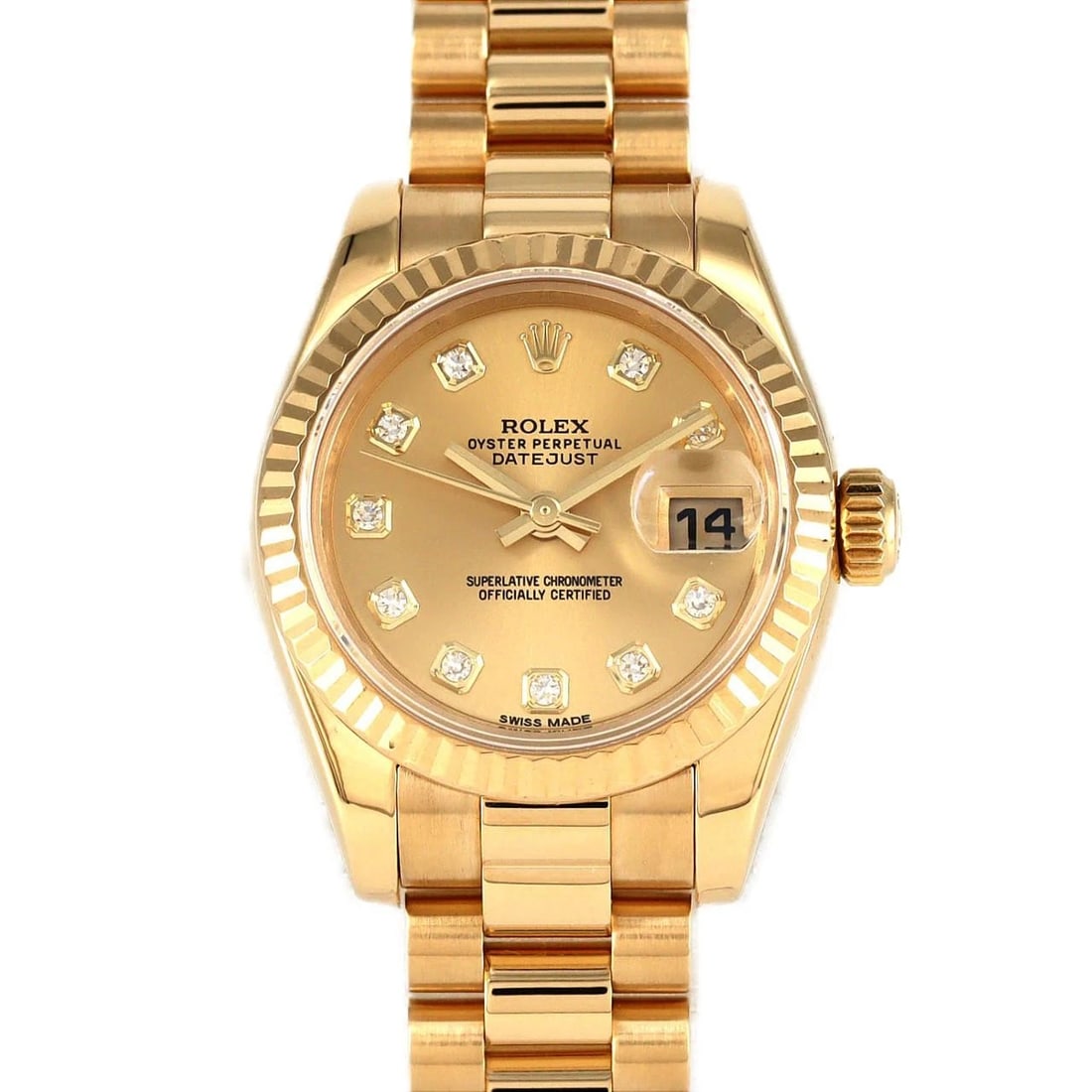 ROLEX DATEJUST YG WATCH: ROLEX Datejust YG Watch Brand: ROLEX Type: Wristwatch Material: Case: Yellow Gold Bracelet: Yellow Gold Color: Dial Colors: Gold Diamond Size: Case diameter: 26mm Max Wrist size: 16cm Accessories