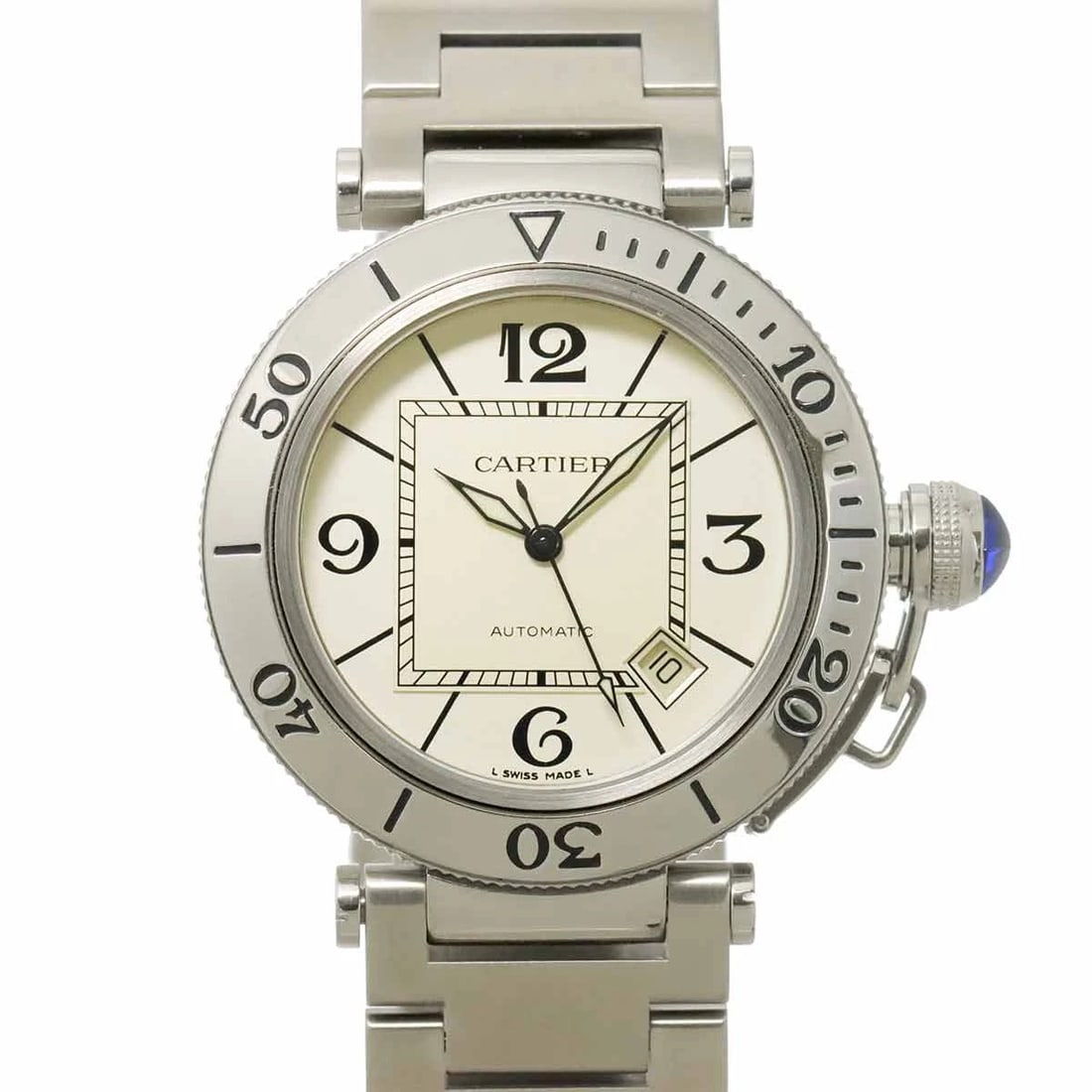 CARTIER PASHA SEATIMER SILVER DIAL WATCH: Cartier Pasha Seatimer Silver Dial Watch Brand: Cartier Type: Wristwatch Material: Stainless steel Color: Silver Dial Size: Case Size Length 47mm(included lag) Width 40mm(not included crown)