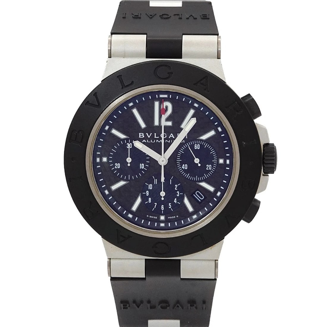 BVLGARI ALUMINUM CHRONOGRAPH BLACK DIAL WATCH: BVLGARI Aluminum Chronograph Black Dial Watch Brand: BVLGARI Type: Wristwatch Material: Aluminum Color: Black Dial Size: Case Size Length 54mm(included lag) Width 44mm(not included crown)