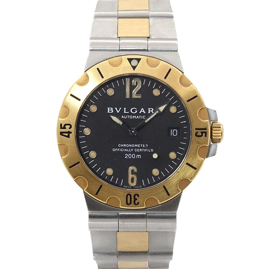 BVLGARI DIAGONO 750 YG BLACK DIAL WATCH: BVLGARI Diagono 750 YG Black Dial Watch Brand: BVLGARI Type: Wristwatch Material: Stainless steel,750 Yellow Gold Color: Black Dial Size: Case Size Length 47mm(included lag) Width 38mm(not