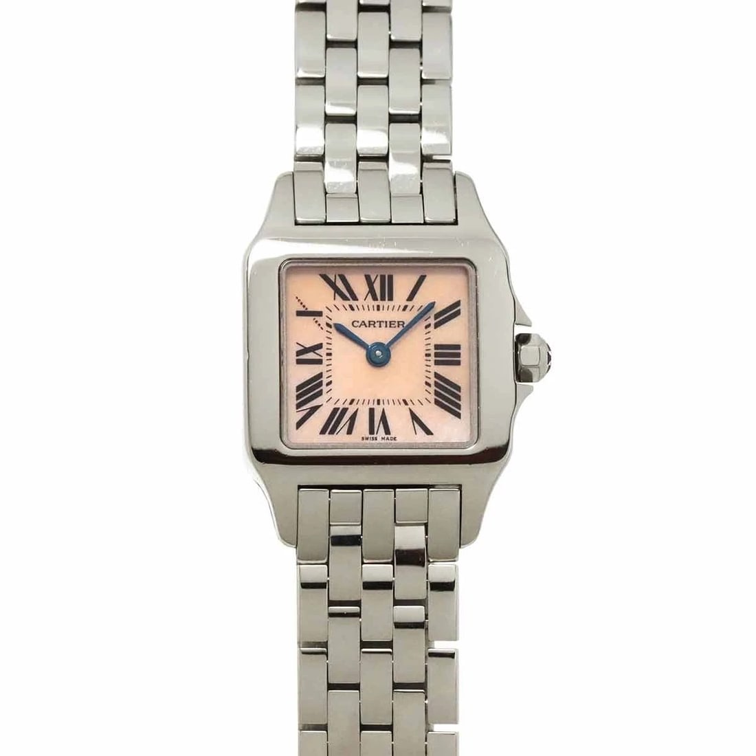 CARTIER SANTOS DEMOISELLE PINK SHELL DIAL WATCH: Cartier Santos Demoiselle Pink Shell Dial Watch Brand: Cartier Type: Wristwatch Material: Stainless steel Color: Pink Shell Dial Size: Case Size Length 28mm(included lag) Width 20mm(not