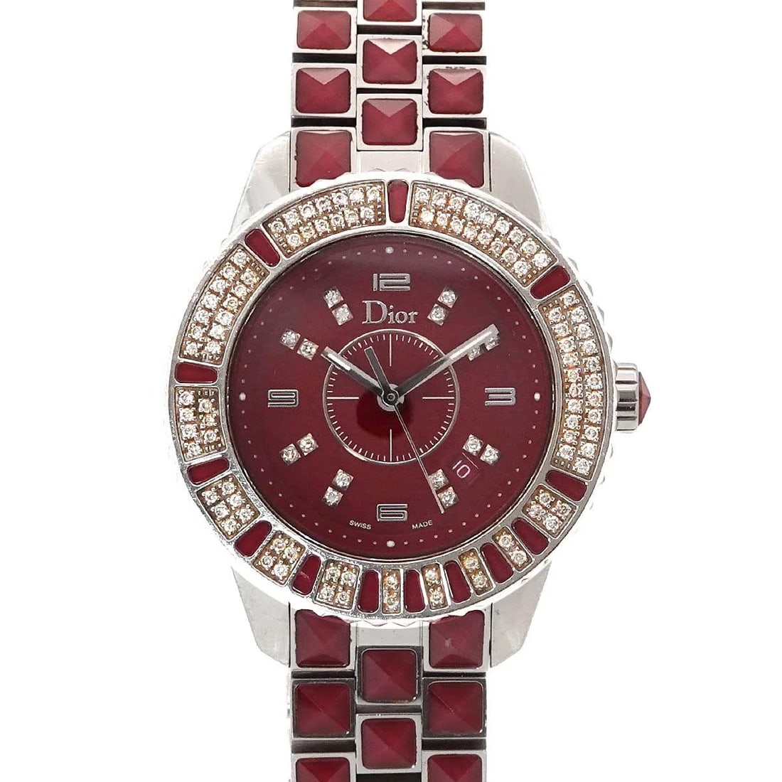 CHRISTIAN DIOR CRYSTAL DIAMOND RED DIAL WATCH: Christian Dior Crystal Diamond Red Dial Watch Brand: Christian Dior Type: Wristwatch Material: Stainless Steel,Diamond,Crystal Color: Red Dial Size: Case Size Length 40.5mm(included lag) Width