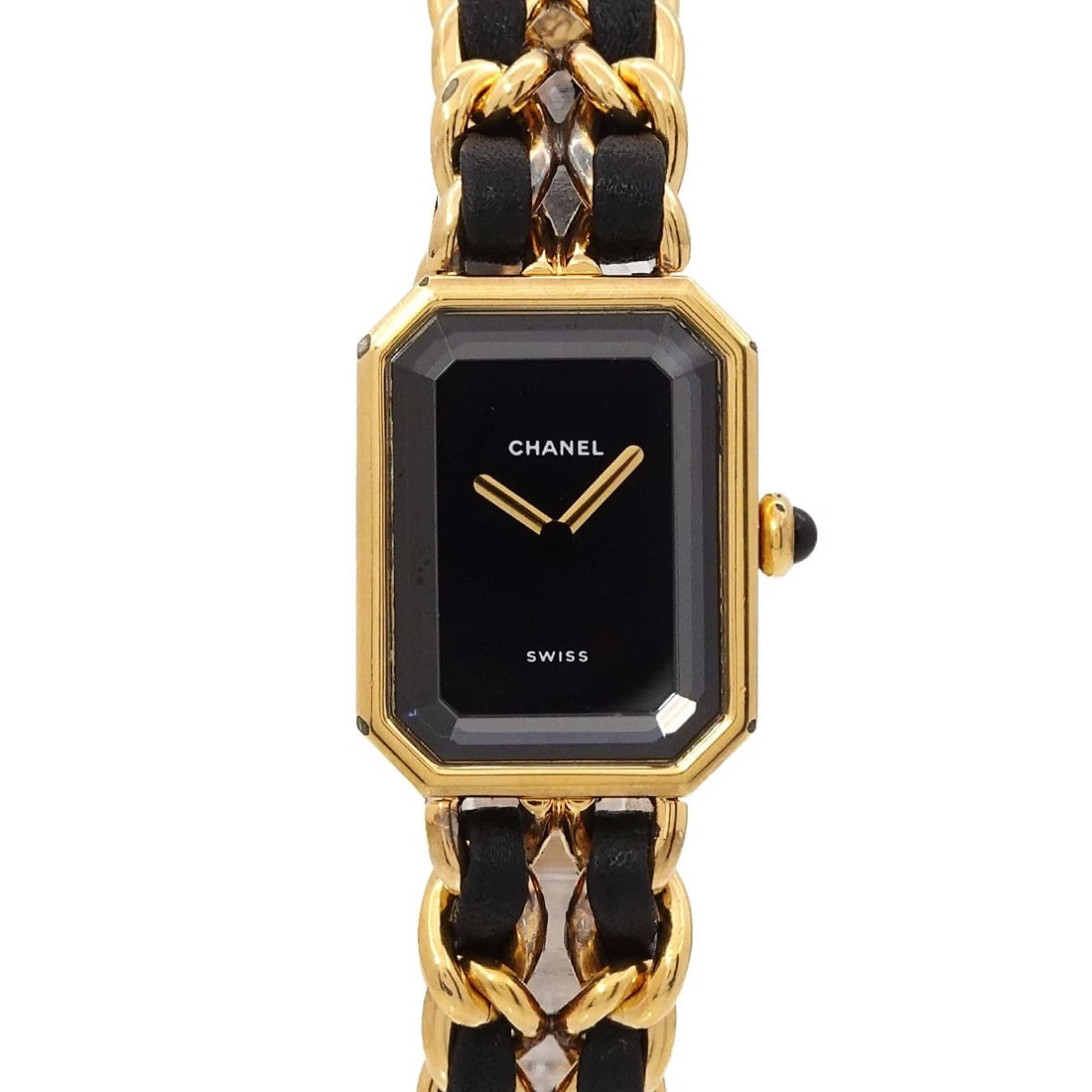 CHANEL PREMIERE BLACK DIAL WATCH: CHANEL Premiere Black Dial Watch Brand: CHANEL Type: Wristwatch Material: Stainless steel/YGP,Leather Color: Black Dial Size: Case Size Length 26mm Width 20mm(not included crown) Depth 7mm 