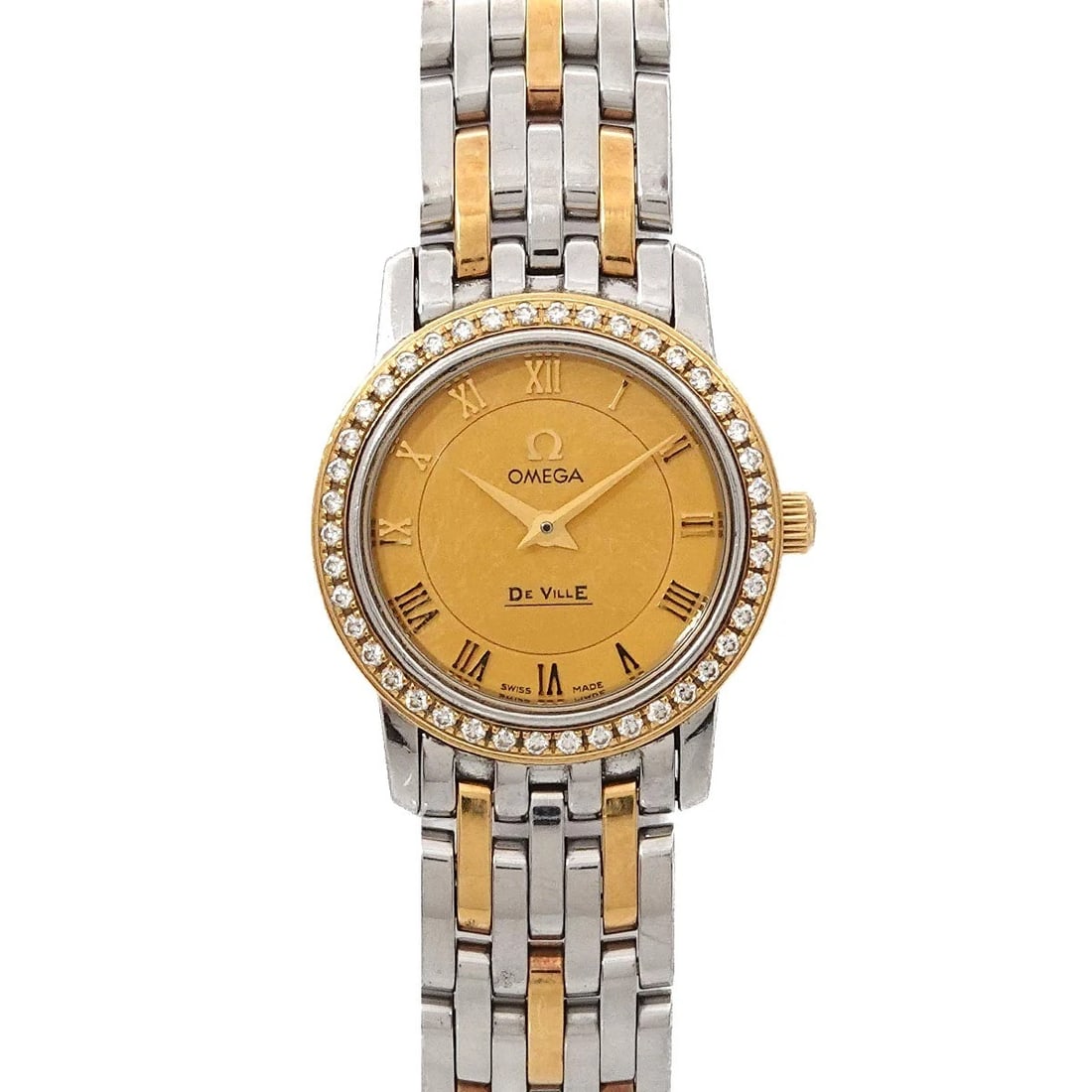 OMEGA DEVILLE YG DIAMOND BEZE WATCH: OMEGA DeVille YG Diamond Beze Watch Brand: OMEGA Type: Wristwatch Material: Stainless steel,Yellow Gold Color: YG Size: Case Size Length 26mm(included lag) Width 22mm(not included crown) Depth