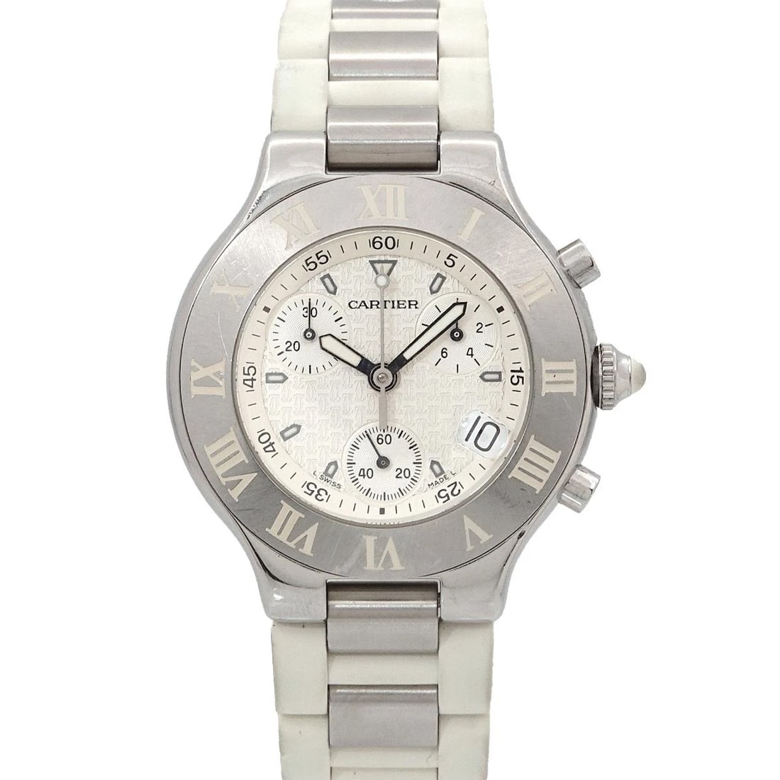 CARTIER CHRONOSCAPH WHITE DIAL WATCH: Cartier Chronoscaph White Dial Watch Brand: Cartier Type: Wristwatch Material: Stainless steel,Rubber Color: White Dial Size: Case Size Length 44mm(included lag) Width 38mm(not included crown)