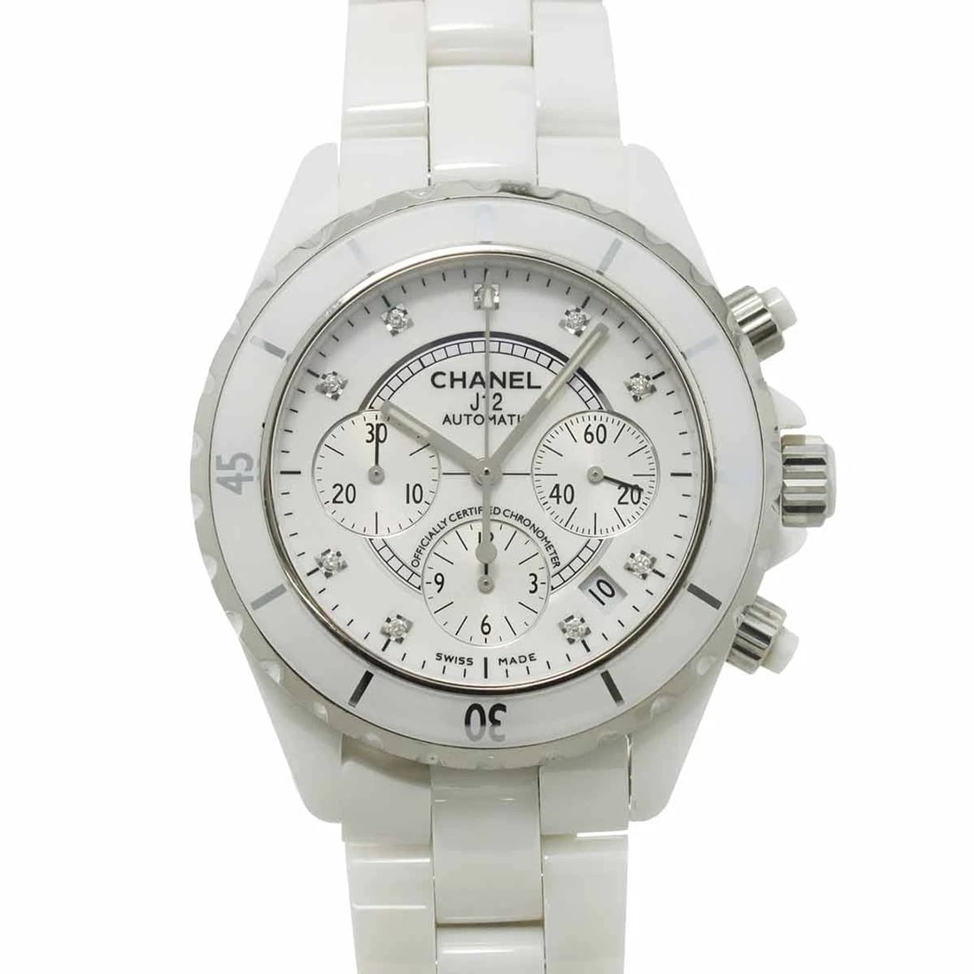 CHANEL J12 CHRONOGRAPH DIAMOND WHITE DIAL WATCH: CHANEL J12 Chronograph Diamond White Dial Watch Brand: CHANEL Type: Wristwatch Material: Ceramic,Stainless steel Color: White Dial Size: Case Size Length 47mm(included lag) Width 41mm(not