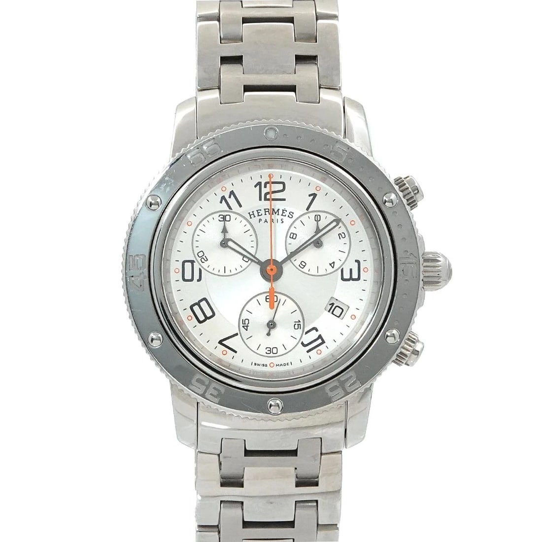 HERMES CLIPPER DIVERS CHRONO SILVER DIAL WATCH: HERMES Clipper Divers Chrono Silver Dial Watch Brand: HERMES Type: Wristwatch Material: Stainless steel Color: Silver Dial Size: Case Size Length 43mm(included lag) Width 36mm(not included