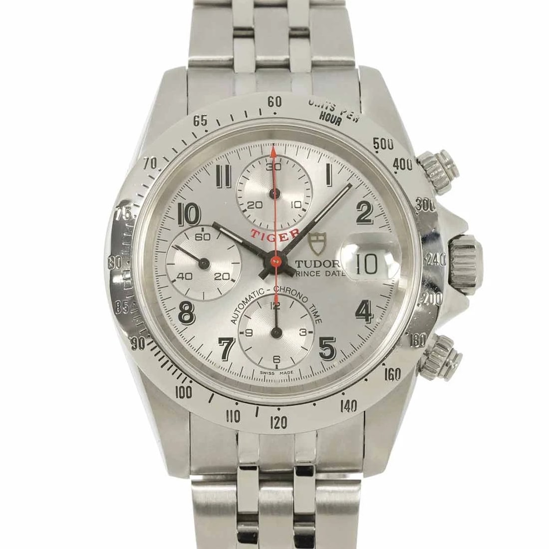 TUDOR CHRONO TIME TIGER SILVER DIAL WATCH: TUDOR Chrono Time Tiger Silver Dial Watch Brand: TUDOR Type: Wristwatch Material: Stainless steel Color: Silver Dial Size: Case Size Length 48mm(included lag) Width 40mm(not included crown)
