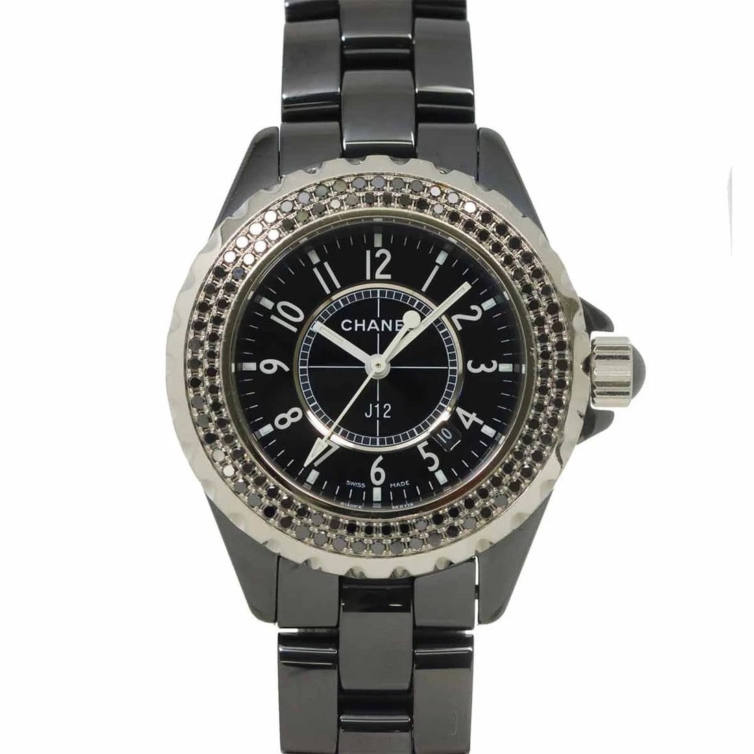 CHANEL J12 BLACK DIAMOND BEZEL DIAL WATCH: CHANEL J12 Black Diamond Bezel Dial Watch Brand: CHANEL Type: Wristwatch Material: Stainless steel,Ceramic Color: Black Dial Size: Case Size Length 40mm(included lag) Width 34mm(not included