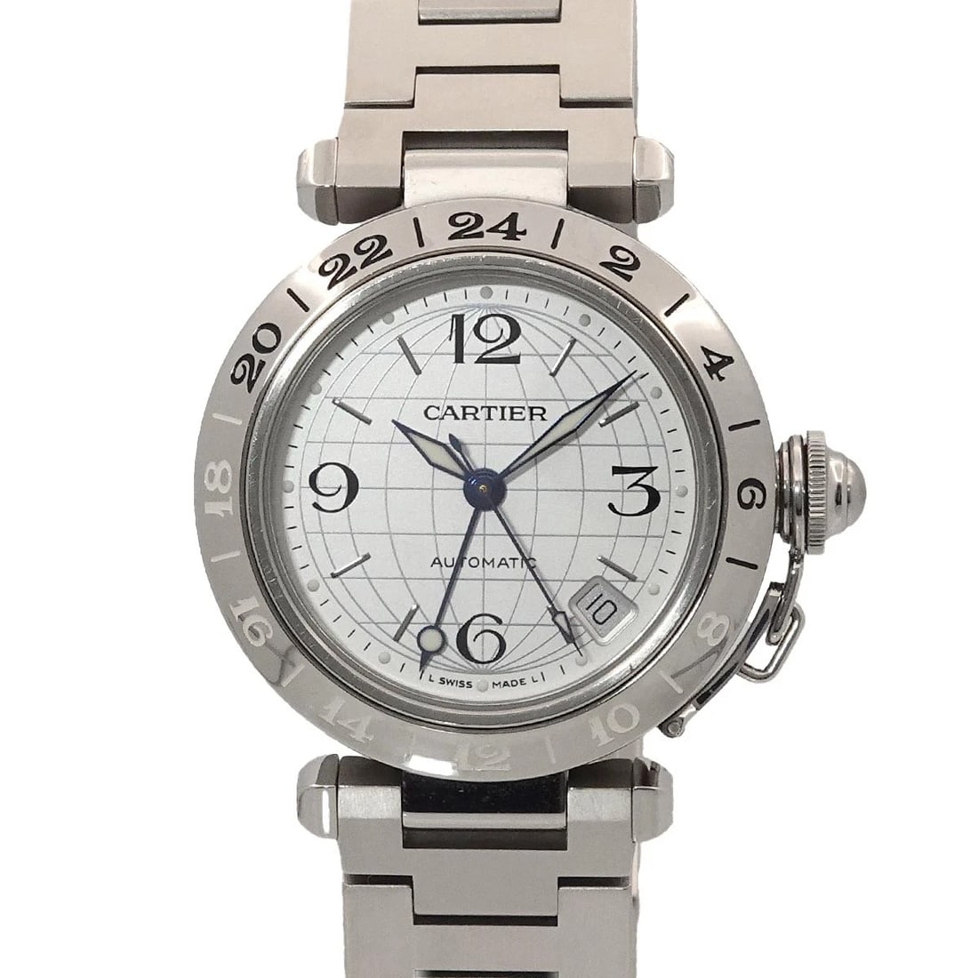 CARTIER PASHAC MERIDIAN SILVER DIAL WATCH: Cartier PashaC Meridian Silver Dial Watch Brand: Cartier Type: Wristwatch Material: Stainless steel Color: Silver Dial Size: Case Size Length 42mm(included lag) Width 35mm(not included crown)