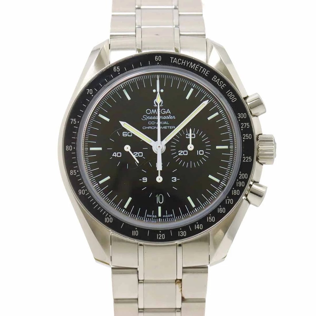 OMEGA SPEEDMASTER CO AXIAL BLACK WATCH: OMEGA Speedmaster Co axial Black Watch Brand: OMEGA Type: Wristwatch Material: Stainless steel Color: Black Size: Case Size Length 50mm(included lag) Width 44mm(not included crown) Depth 14mm 