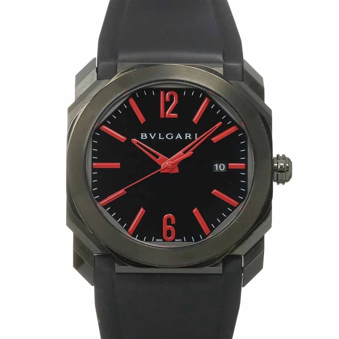 BVLGARI OCTO BLACK DIAL WATCH: BVLGARI Octo Black Dial Watch Brand: BVLGARI Type: Wristwatch Material: Stainless steel,Rubber Color: Black Dial Size: Case Size Length 47mm(included lag) Width 41mm(not included crown) Depth