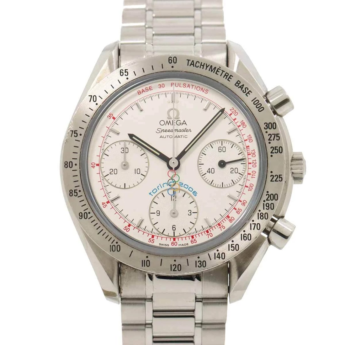 OMEGA SPEEDMASTER WHITE DIAL WATCH: OMEGA Speedmaster White Dial Watch Brand: OMEGA Type: Wristwatch Material: Stainless steel Color: White Dial Size: Case Size Length 45mm(included lag) Width 39mm(not included crown) Depth 13mm