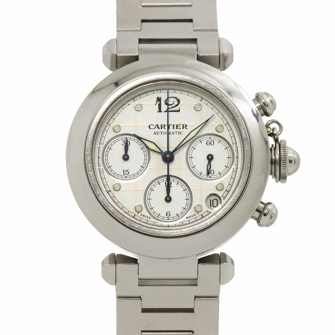 CARTIER PASHA CHRONOGRAPH WHITE DIAL WATCH: Cartier Pasha Chronograph White Dial Watch Brand: Cartier Type: Wristwatch Material: Stainless steel Color: White Dial Size: Case Size Length 43mm(included lag) Width 36mm(not included crown)