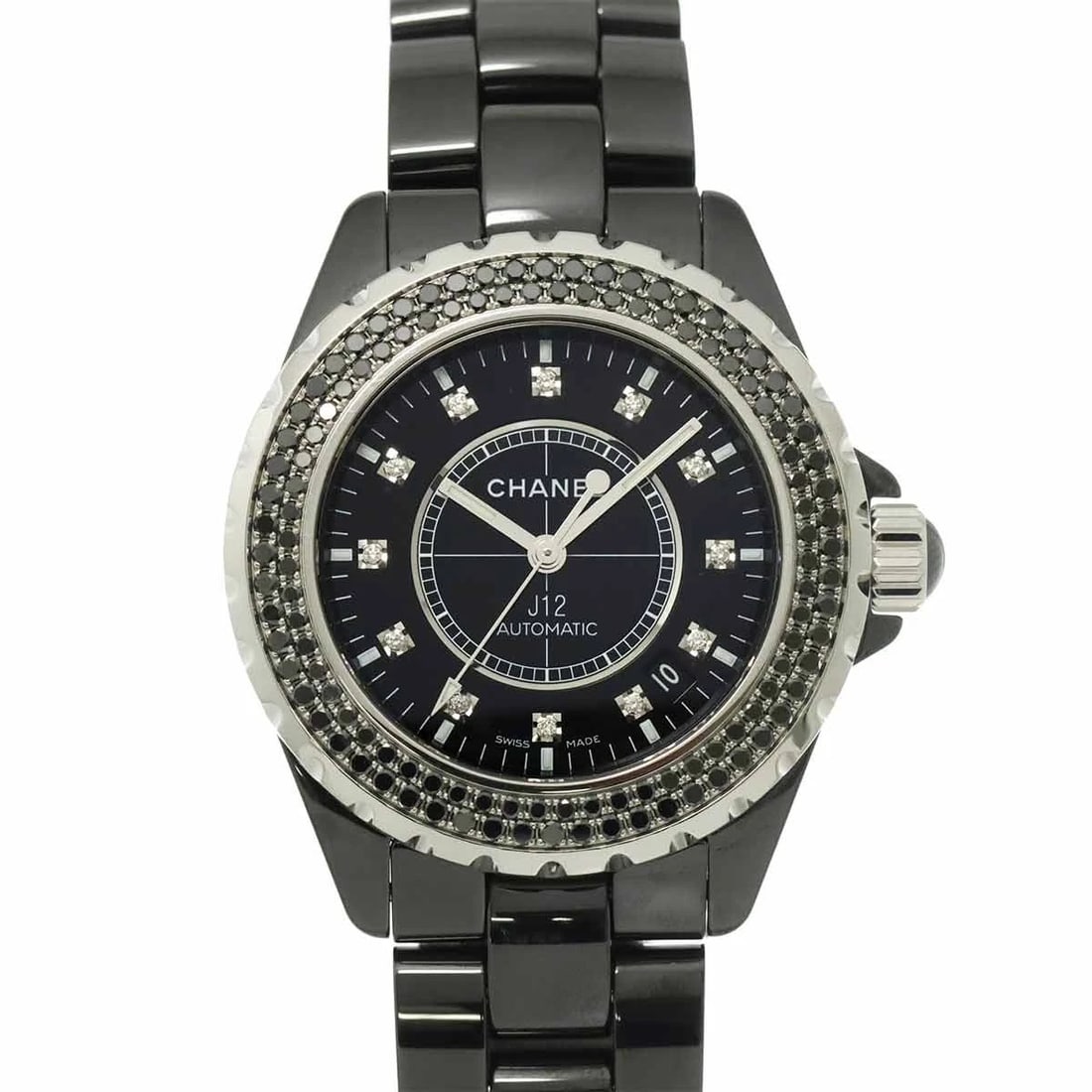 CHANEL J12 DIAMOND BLACK DIAL WATCH: CHANEL J12 Diamond Black Dial Watch Brand: CHANEL Type: Wristwatch Material: Stainless steel,Ceramic Color: Black Dial Size: Case Size Length 45mm(included lag) Width 39mm(not included crown)
