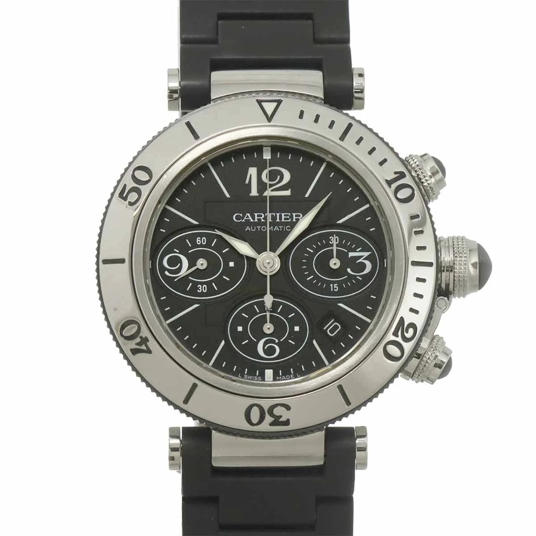 CARTIER PASHA CHRONOGRAPH BLACK DIAL WATCH: Cartier Pasha Chronograph Black Dial Watch Brand: Cartier Type: Wristwatch Material: Rubber,Stainless steel Color: Black Dial Size: Case Size Length 50mm(included lag) Width 42mm(not included