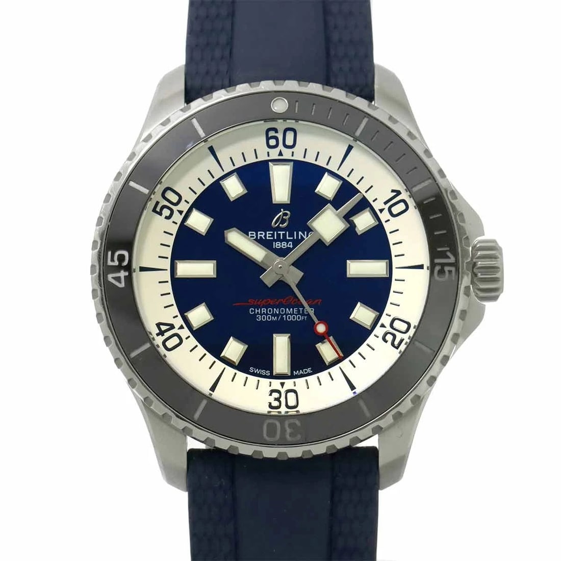 BREITLING SUPER OCEAN BLUE DIAL WATCH: BREITLING Super Ocean Blue Dial Watch Brand: BREITLING Type: Wristwatch Material: Stainless steel,rubber Color: Blue Dial Size: Case Size Length 50mm(included lag) Width 44mm(not included