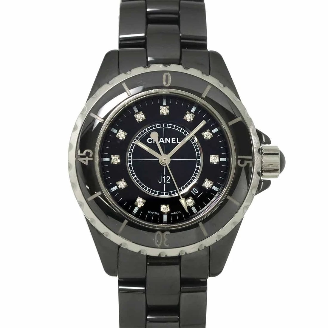 CHANEL J12 DIAMOND BLACK DIAL WATCH: CHANEL J12 Diamond Black Dial Watch Brand: CHANEL Type: Wristwatch Material: Stainless steel,Ceramic Color: Black Dial Size: Case Size Length 40mm(included lag) Width 34mm(not included crown)