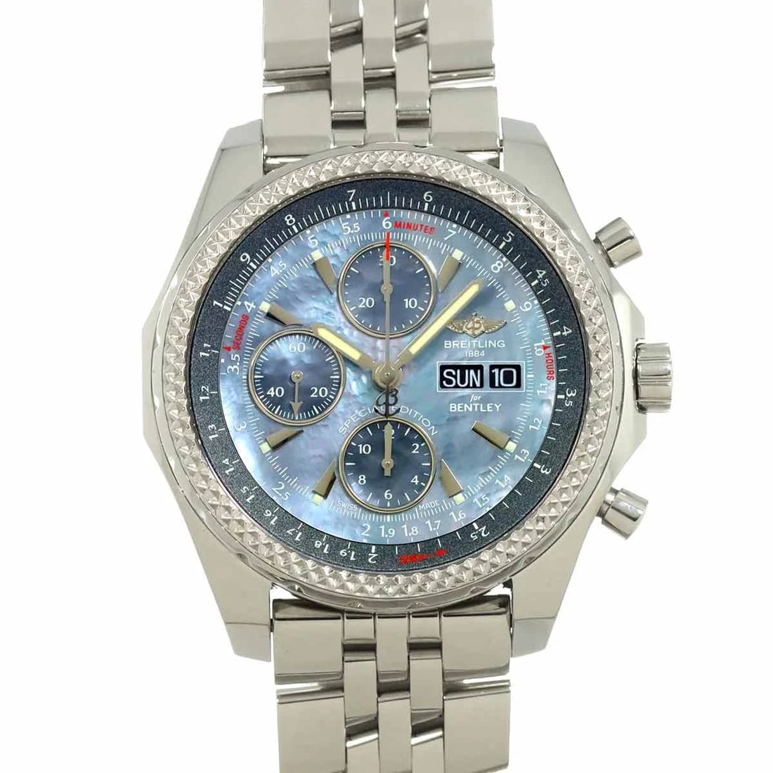 BREITLING BENTLEY CHRONOGRAPH BLUE SHELL WATCH: BREITLING Bentley Chronograph Blue Shell Watch Brand: BREITLING Type: Wristwatch Material: Stainless steel Color: Blue Shell Size: Case Size Length 50mm(included lag) Width 45mm(not included