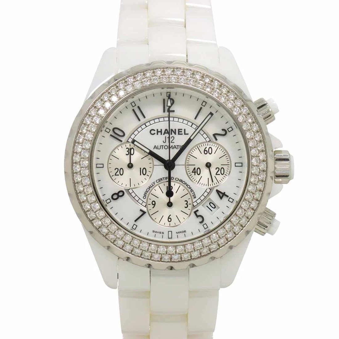 CHANEL J12 BEZEL DIAMOND WHITE DIAL WATCH: CHANEL J12 Bezel Diamond White Dial Watch Brand: CHANEL Type: Wristwatch Material: Stainless steel,Ceramic,Diamond Color: White Dial Size: Case Size Length 47.5mm(included lag) Width 41mm(not incl