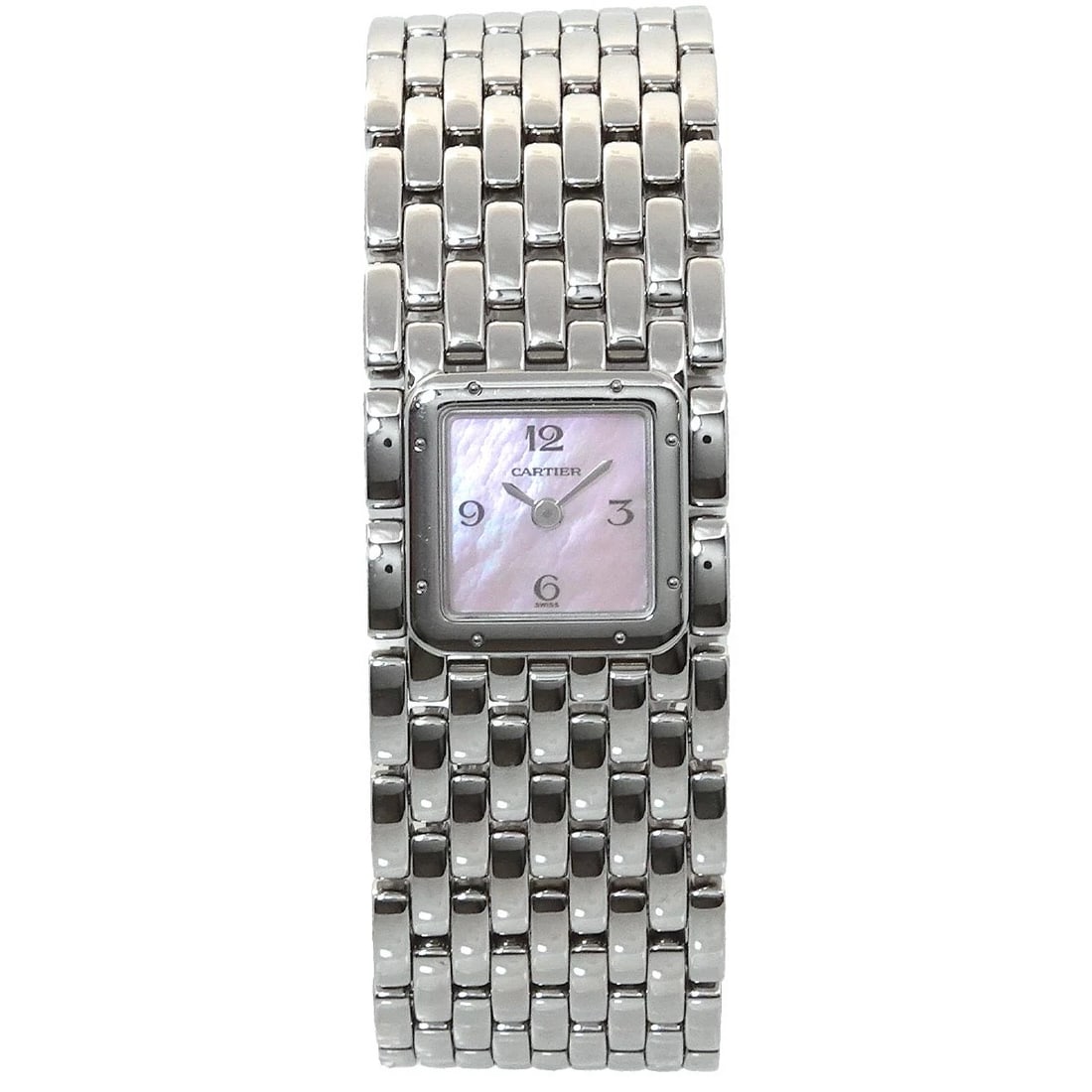 CARTIER PANTHERE RUBAN PINK SHELL DIAL WATCH: Cartier Panthere Ruban Pink Shell Dial Watch Brand: Cartier Type: Wristwatch Material: Stainless steel Color: Pink Shell Dial Size: Case Size Length 22mm Width 21mm Depth 6mm Accessories: None
