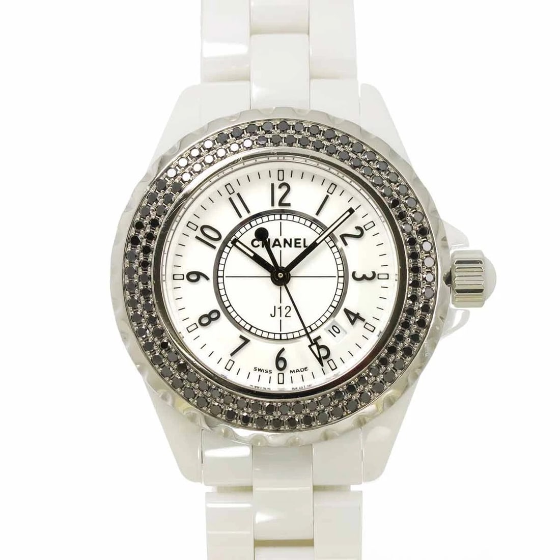 CHANEL J12 BEZEL BLACK DIAMOND WHITE DIAL WATCH: CHANEL J12 Bezel Black Diamond White Dial Watch Brand: CHANEL Type: Wristwatch Material: Stainless steel,Ceramic,Black Diamond Color: White Dial Size: Case Size Length 40mm(included lag) Width