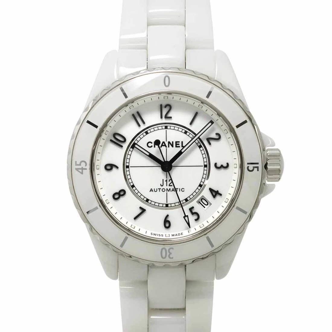 CHANEL J12 DATE WHITE DIAL WATCH: CHANEL J12 Date White Dial Watch Brand: CHANEL Type: Wristwatch Material: Stainless steel,Ceramic Color: White Dial Size: Case Size Length 45mm(included lag) Width 39mm(not included crown)