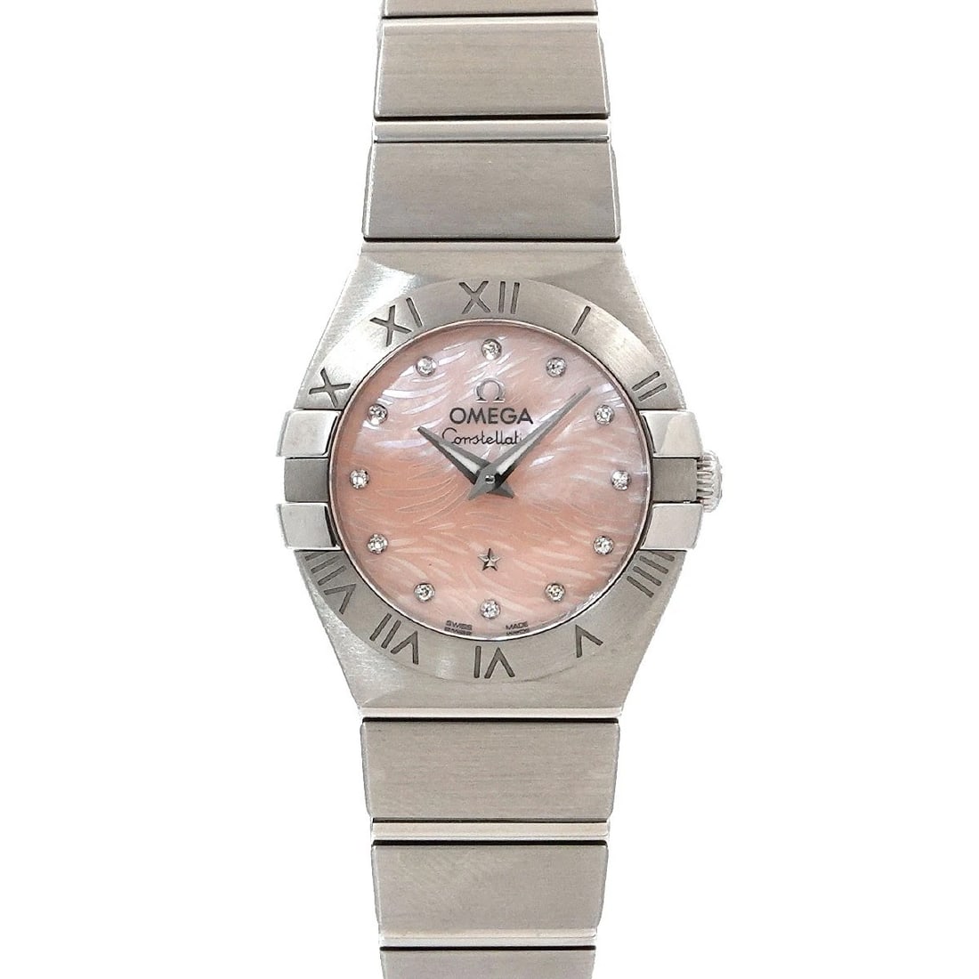 OMEGA CONSTELLATION PINK SHELL DIAMOND WATCH: OMEGA Constellation Pink Shell Diamond Watch Brand: OMEGA Type: Wristwatch Material: Stainless steel Color: Pink Shell Size: Case Size Length 28.5mm(included lag) Width 24mm(not included