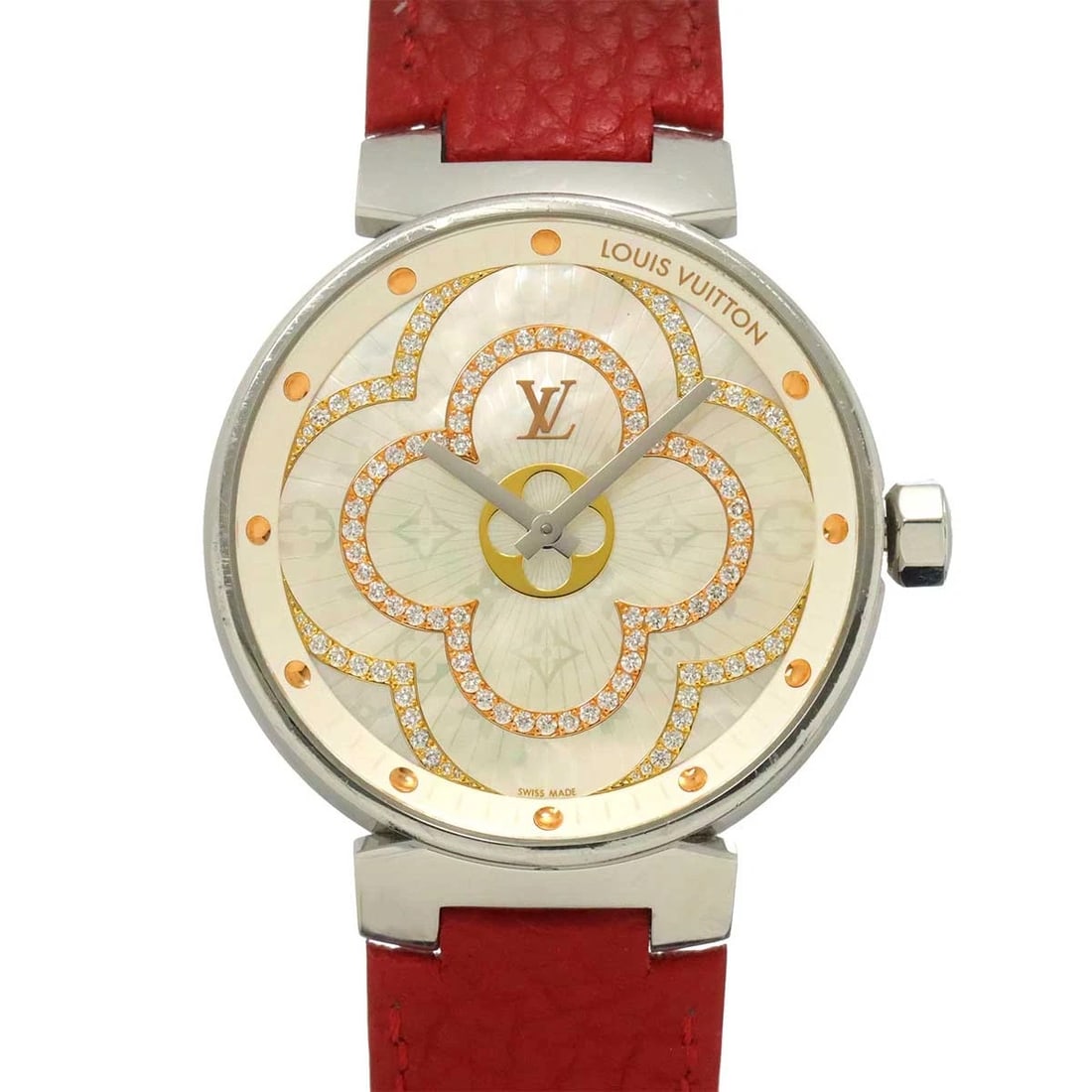 LOUIS VUITTON TAMBOUR DIAMOND WHITE DIAL WATCH: LOUIS VUITTON Tambour Diamond White Dial Watch Brand: LOUIS VUITTON Type: Wristwatch Material: Stainless steel,Monogram Canvas Color: White Dial Size: Case Size Length 47mm(included lag) Width