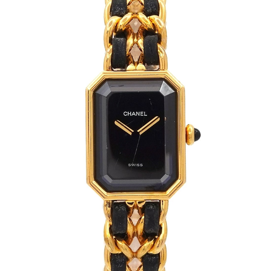 CHANEL PREMIERE BLACK DIAL WATCH: CHANEL Premiere Black Dial Watch Brand: CHANEL Type: Wristwatch Material: Stainless steel/YGP,Leather Color: Black Dial Size: Case Size Length 26mm Width 20mm(not included crown) Depth 7mm 