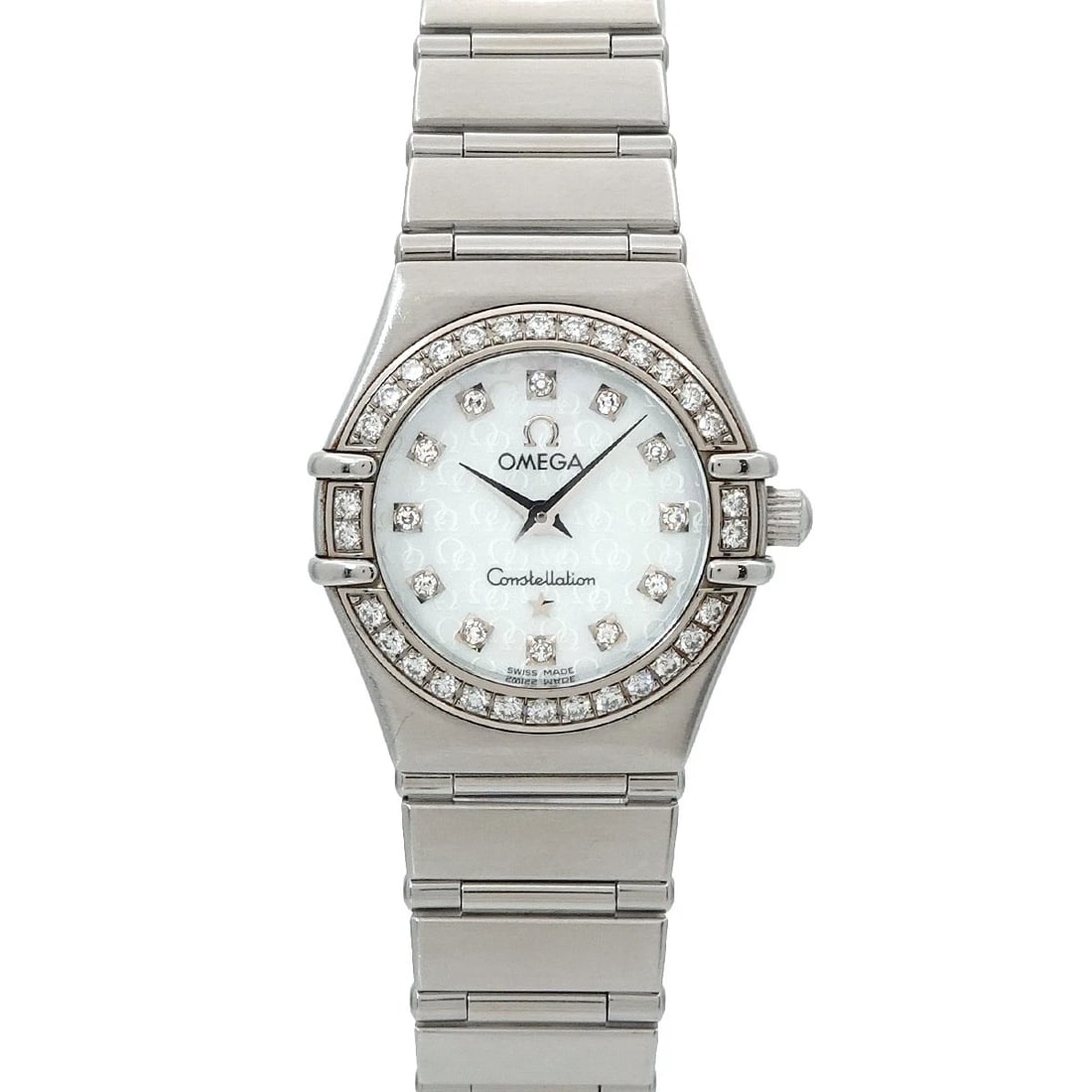 OMEGA CONSTELLATION DIAMOND WHITE SHELL WATCH: OMEGA Constellation Diamond White Shell Watch Brand: OMEGA Type: Wristwatch Material: Stainless steel Color: White Shell Dial Size: Case Size Length 28mm(included lag) Width 22mm(not included crow