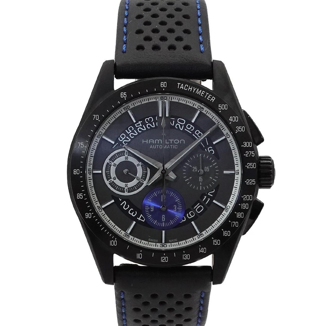 HAMILTON JAZZMASTER PERFORMER CHRONOGRAPH BLACK DIAL WATCH: HAMILTON Jazzmaster performer Chronograph Black Dial Watch Brand: HAMILTON Type: Wristwatch Material: Stainless steel,Leather Color: Black Dial Size: Case Size Length 50mm(included lag) Width 42mm