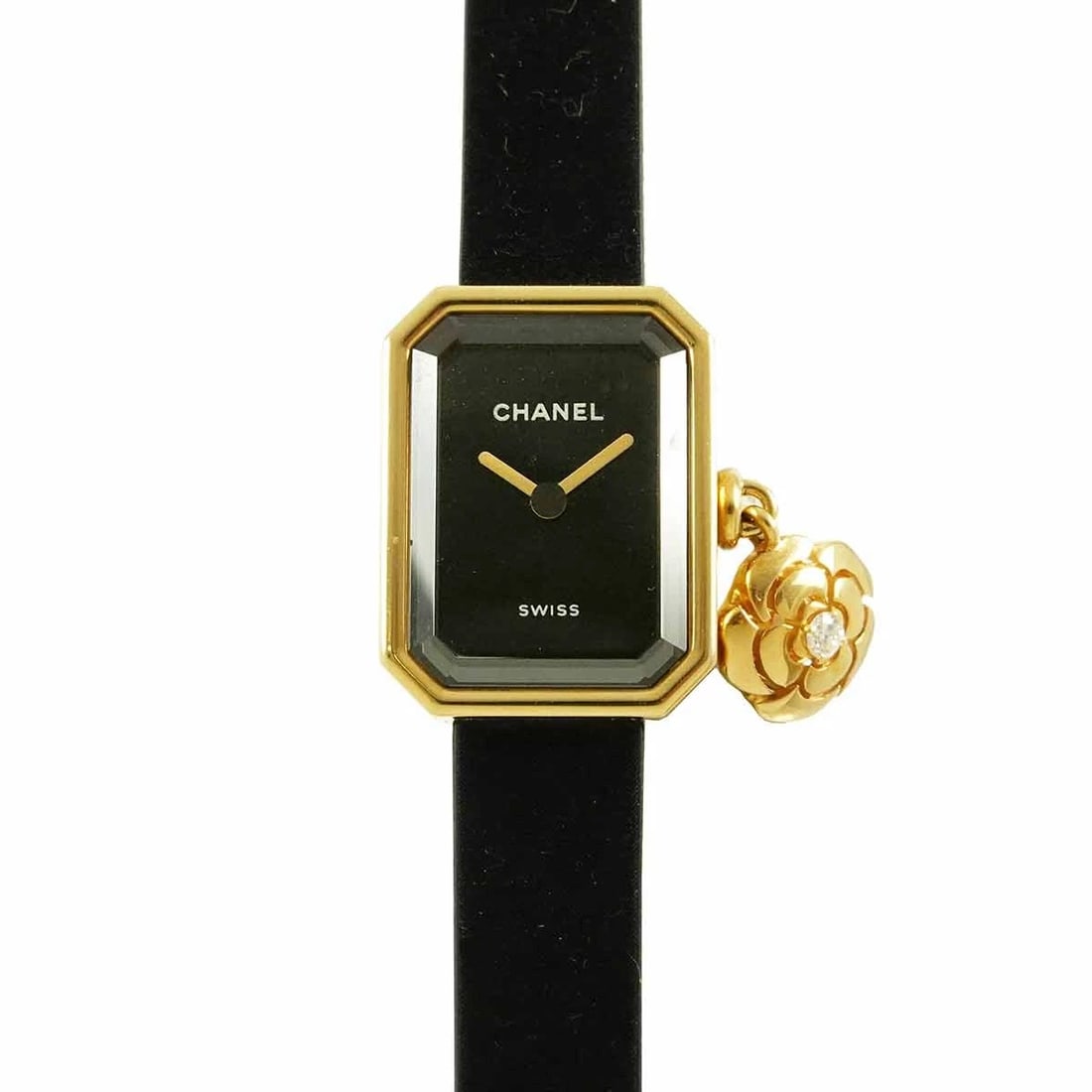 CHANEL PREMIERE CAMELLIA BLACK DIAL WATCH: CHANEL Premiere camellia Black Dial Watch Brand: CHANEL Type: Wristwatch Material: Titanium,750 Yellow Gold,Rubber Color: Black Dial Size: Case Size Length 20mm(included lag) Width 15mm(not