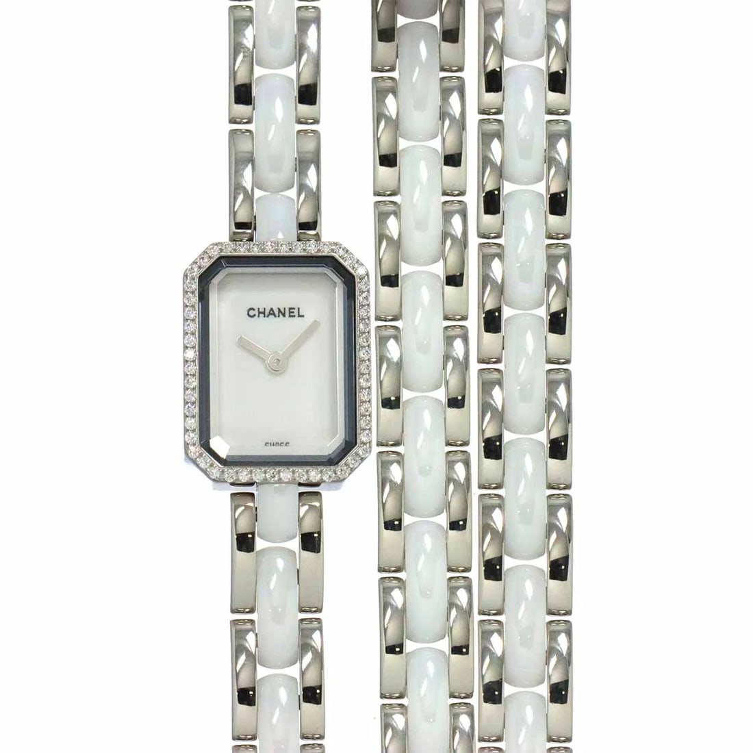 CHANEL PREMIERE DIAMOND BEZEL CERAMIC WHITE DIAL WATCH: CHANEL Premiere Diamond Bezel Ceramic White Dial Watch Brand: CHANEL Type: Wristwatch Material: Stainless steel,Ceramic,Diamond Color: White Dial Size: Case Size Length 20mm Width 15mm Depth