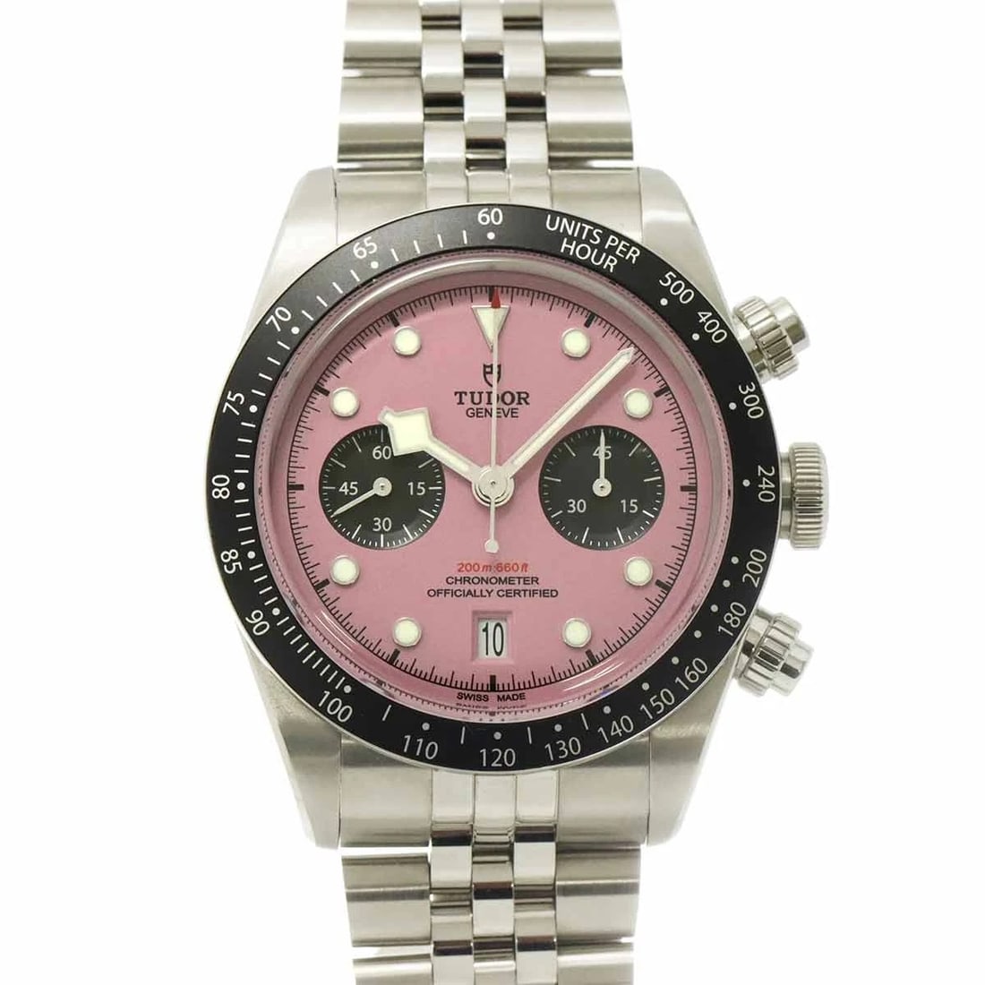TUDOR BLACK CHRONOGRAPH PINK DIAL WATCH: TUDOR Black Chronograph Pink Dial Watch Brand: TUDOR Type: Wristwatch Material: Stainless steel Color: Pink Dial Size: Case Size Length 50mm(included lag) Width 42mm(not included crown) Depth