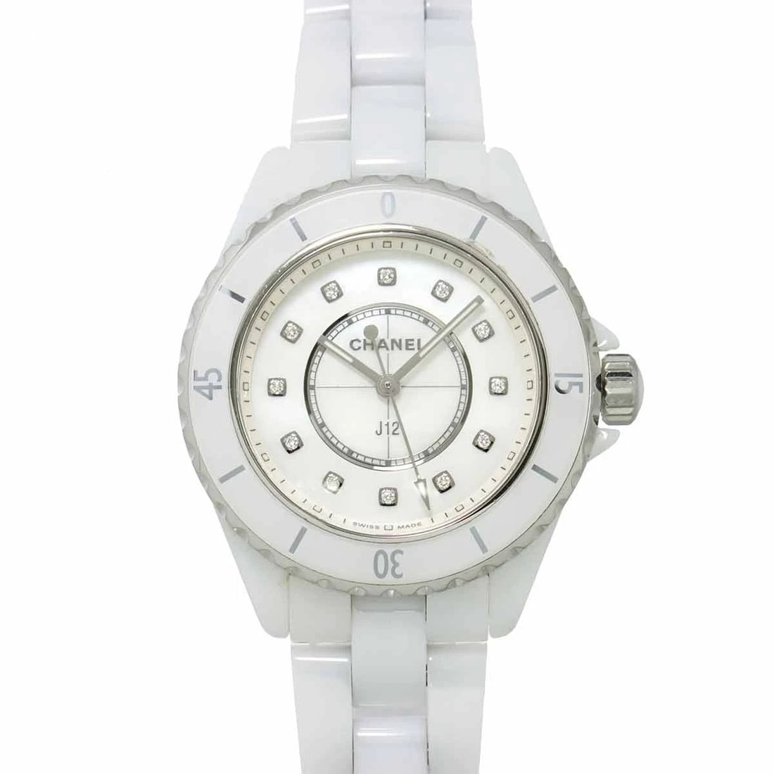 CHANEL J12 DIAMOND CERAMIC WATCH: CHANEL J12 Diamond Ceramic Watch Brand: CHANEL Type: Wristwatch Material: Ceramic,Stainless steel Color: NONE Size: Case Size Length 40mm(included lag) Width 34mm(not included crown) Depth 11mm A