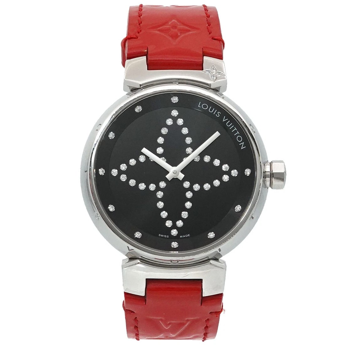 LOUIS VUITTON TAMBOUR DIAMOND BLACK DIAL WATCH: LOUIS VUITTON Tambour Diamond Black Dial Watch Brand: LOUIS VUITTON Type: Wristwatch Material: Stainless steel,Verni Leather Color: Black Dial Size: Case Size Length 43mm(included lag) Width