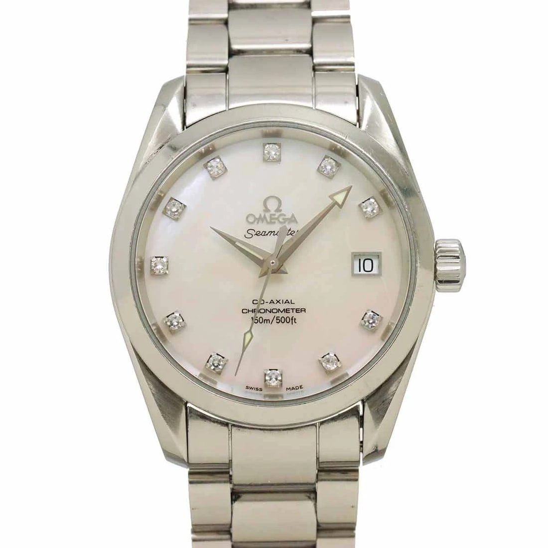 OMEGA SEAMASTER AQUA TERRA WHITE SHELL DIAL WATCH: OMEGA Seamaster Aqua terra White Shell Dial Watch Brand: OMEGA Type: Wristwatch Material: Stainless steel Color: White Shell Dial Size: Case Size Length 43mm(included lag) Width 36mm(not