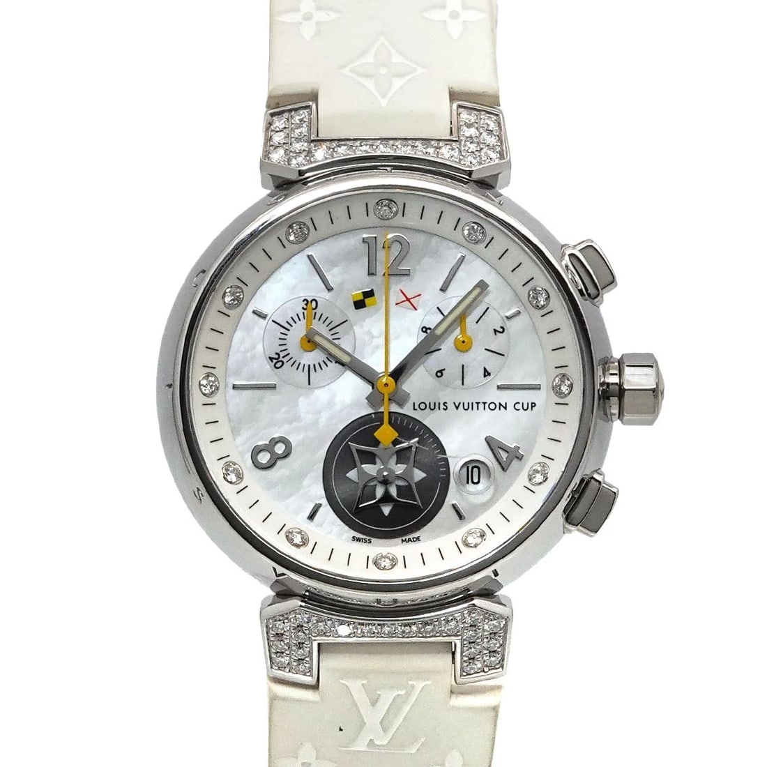 LOUIS VUITTON WHITE SHELL DIAL WATCH: LOUIS VUITTON White Shell Dial Watch Brand: LOUIS VUITTON Type: Wristwatch Material: Stainless steel,Rubber Color: White Shell Dial Size: Case Size Length 43mm(included lag) Width 34mm(not