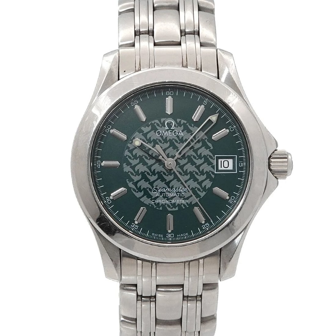 OMEGA SEAMASTER GREEN DIAL WATCH: OMEGA Seamaster Green Dial Watch Brand: OMEGA Type: Wristwatch Material: Stainless steel Color: Green Dial Size: Case Size Length 43mm(included lag) Width 36mm(not included crown) Depth 10mm 