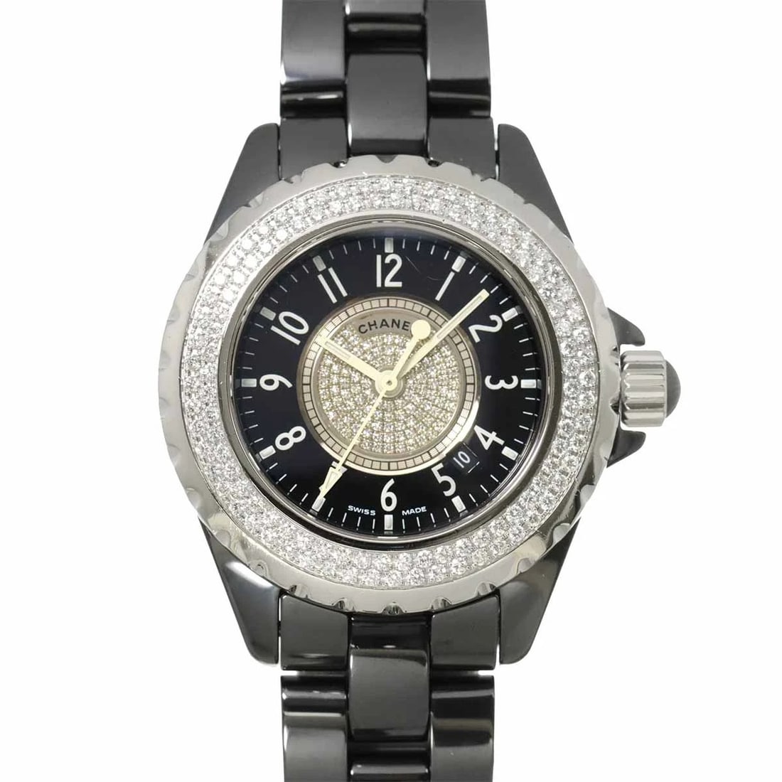 CHANEL J12 DIAMOND BEZEL BLACK CERAMIC WATCH: CHANEL J12 Diamond Bezel Black Ceramic Watch Brand: CHANEL Type: Wristwatch Material: Stainless steel,Ceramic,Diamond Color: Bezel Black Size: Case Size Length 40mm(included lag) Width