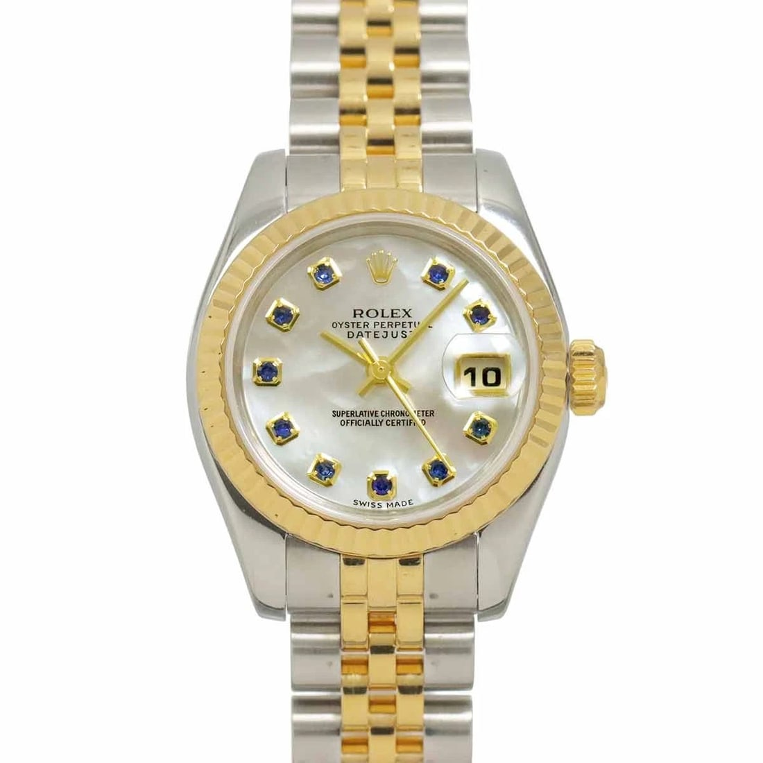 ROLEX DATEJUST 750 YG SAPPHIRE WHITE SHELL WATCH: ROLEX Datejust 750 YG Sapphire White shell Watch Brand: ROLEX Type: Wristwatch Material: Stainless steel,750 Yellow Gold Color: White shell Size: Case Size Length 33mm(included lag) Width 27mm(not