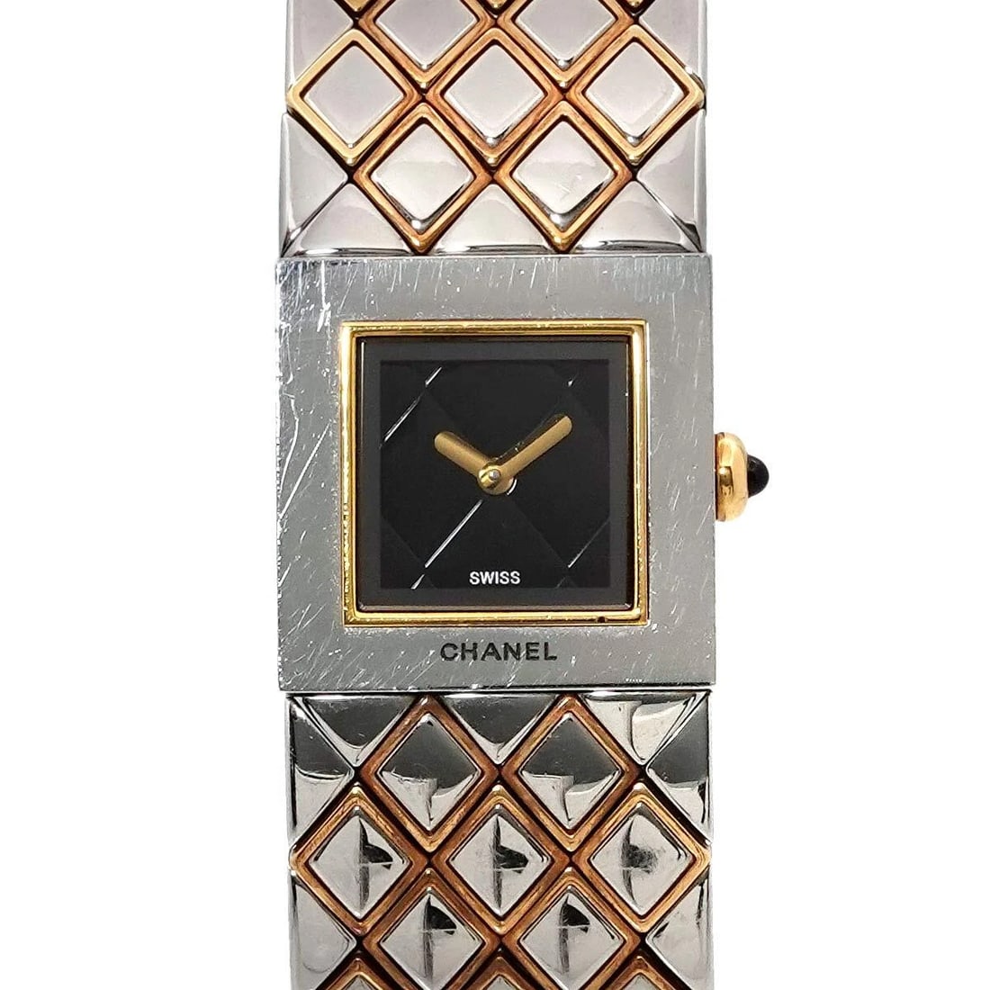 CHANEL MATELASSE WATCH BLACK DIAL WATCH: CHANEL Matelasse watch Black Dial Watch Brand: CHANEL Type: Wristwatch Material: Stainless steel/YGP Color: Black Dial Size: Case Size Length 19mm Width 19mm(not included crown) Depth 5.5mm 