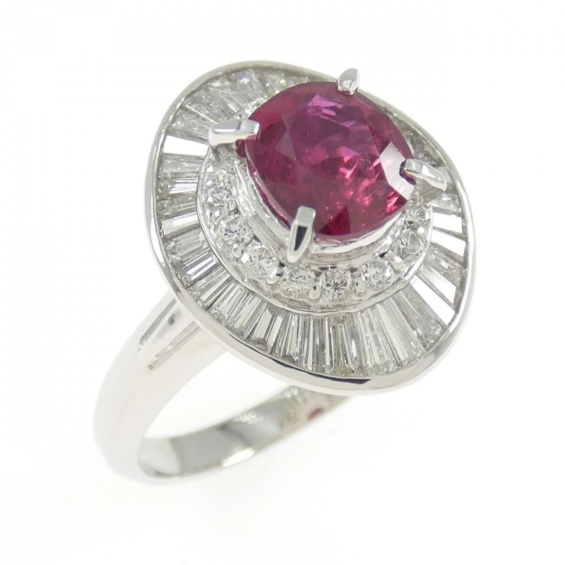PT900 RUBY RING: PT900 Ruby Ring Brand: Unbranded Type: Ring Material: Platinum 900, Main Stone/Creation ruby Color: platinum Size: 7.5US Accessories: None Accessories Notice: When purchasing pre-owned goo