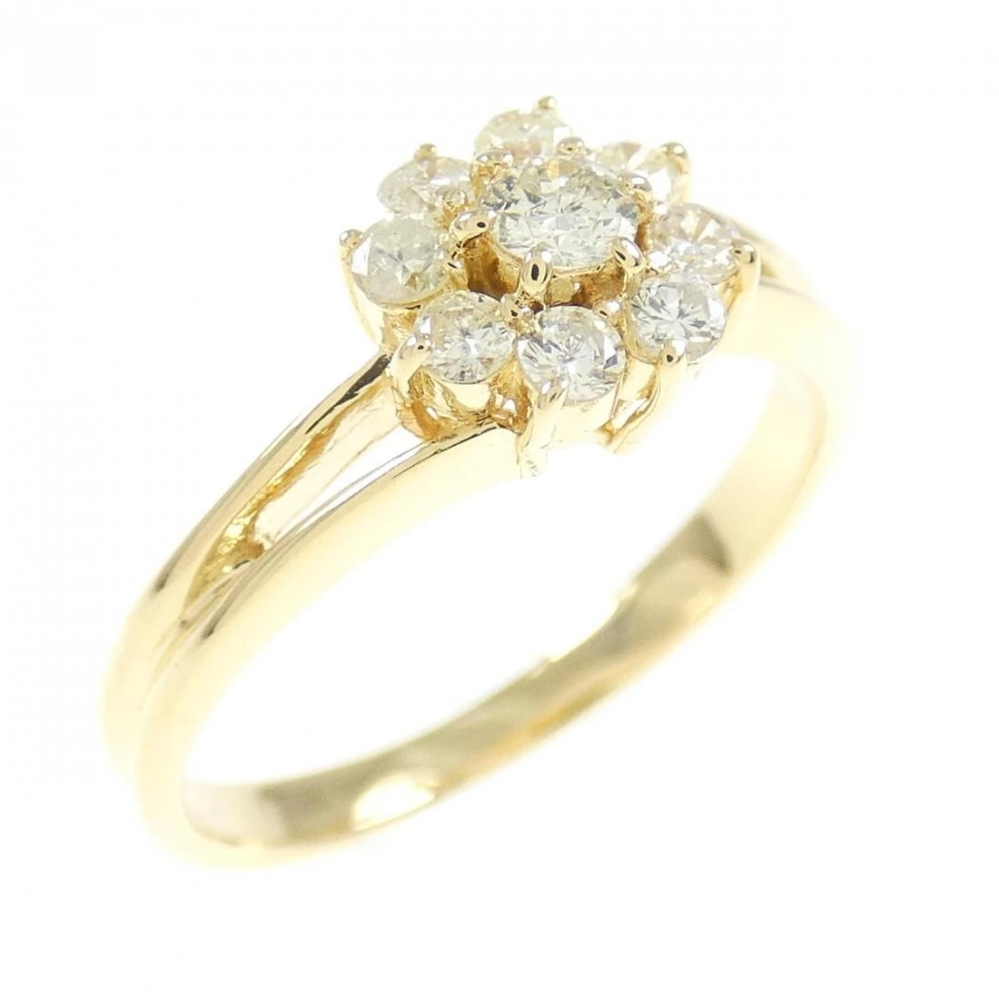 K18YG FLOWER DIAMOND RING: K18YG Flower Diamond Ring Brand: Unbranded Type: Ring Material: K18 Yellow Gold, Main Stone/Creation Natural Color: yellow gold Size: 5.5US Accessories: None Accessories Notice: When