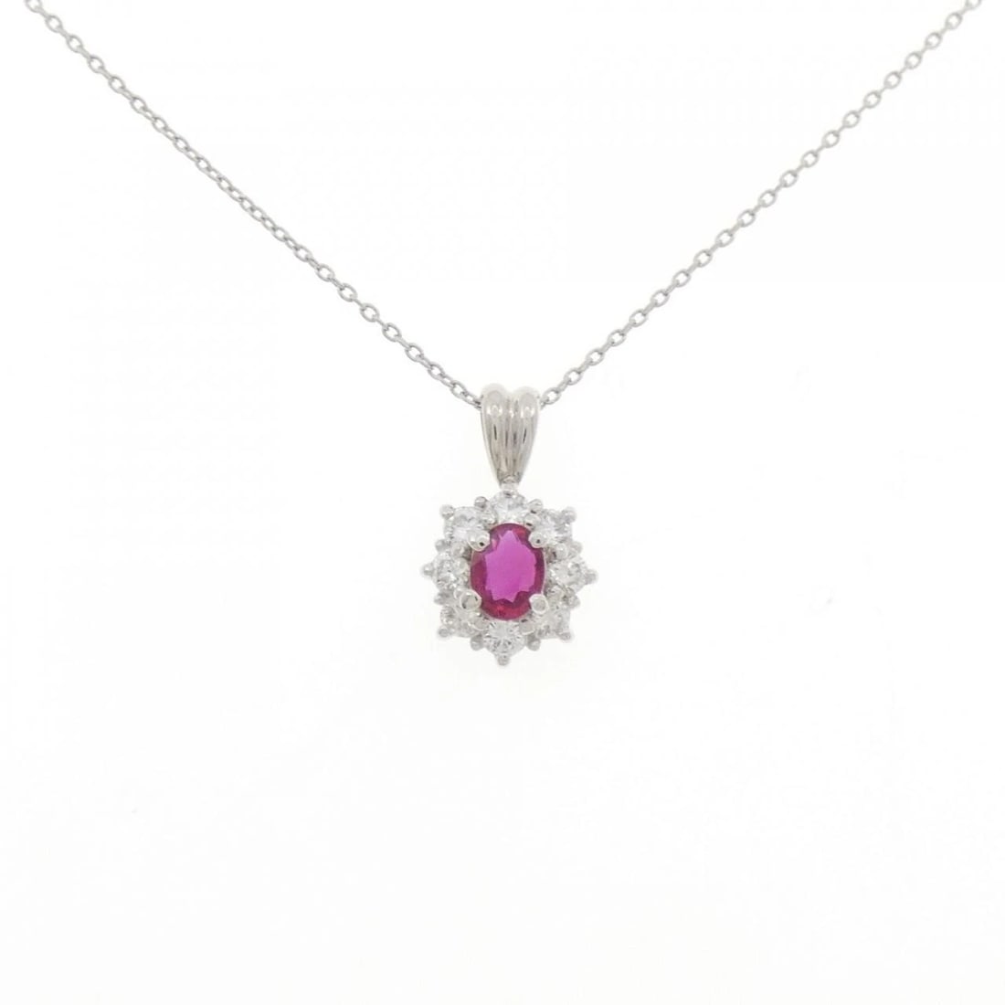 PT900 PT850 RUBY NECKLACE: PT900 PT850 Ruby Necklace Brand: Unbranded Type: Necklace Material: Platinum 900 Platinum 850, Main Stone/Creation RubySide Stone Natural Color: Silver Size: 45cmActualSize Pendant top H x W: